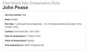 The First World War Embarkation Roll of Trooper John Pease from Koorawatha in New South Wales.